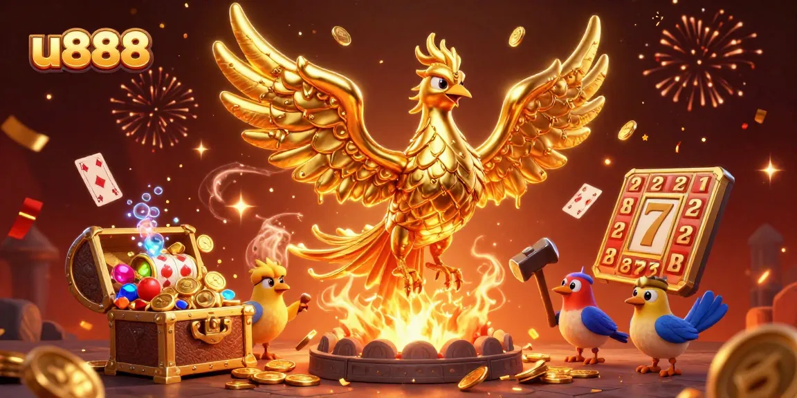 u888 gaming experience showcasing a molten phoenix and explosive treasures in a vibrant casino scene.