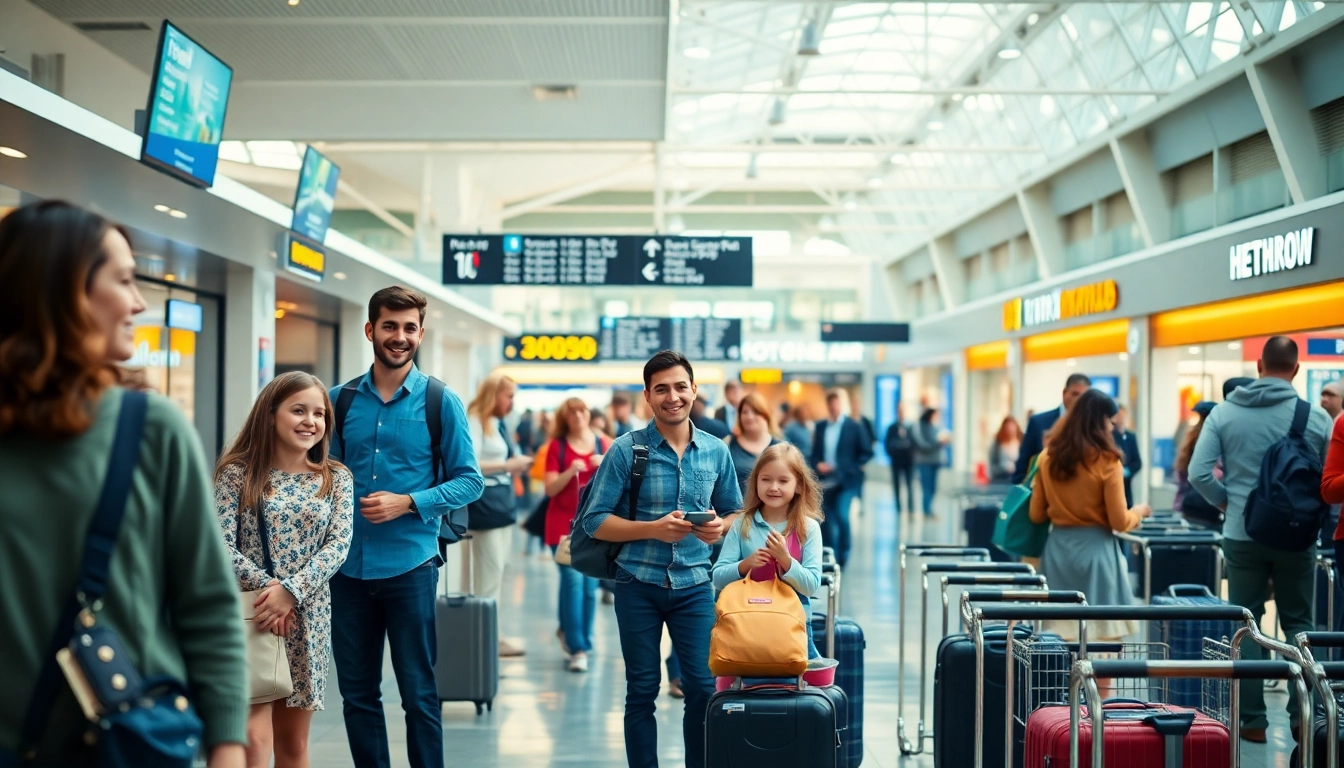 Travelers navigating through Heathrow Airport with vibrant shops and check-in counters.