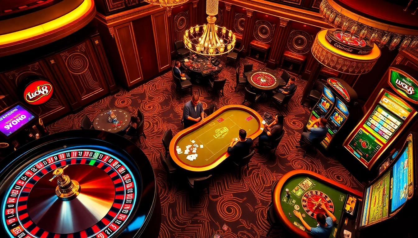 Experience the thrill of Luck8 with vibrant casino games and celebrating players.