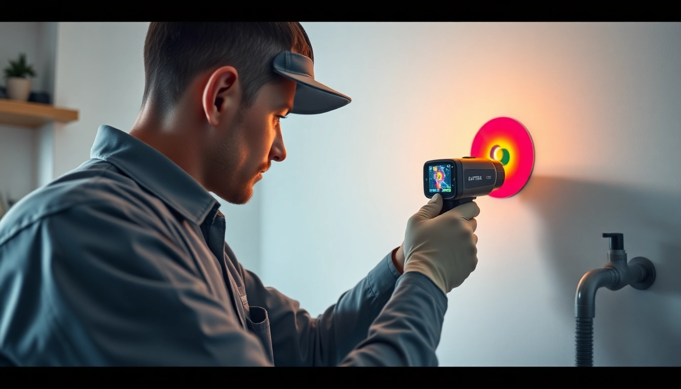 Technician performing water leak detection with thermal imaging camera