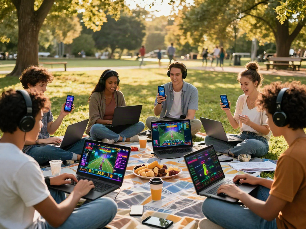 Exciting outdoor gaming scene with friends engaging in online play at https://9bet.ru.com/ during golden hour.