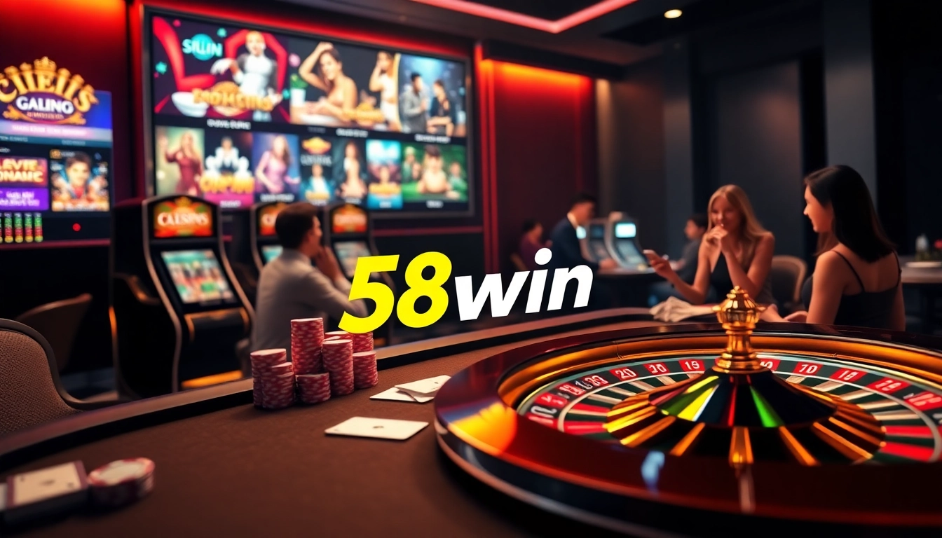 Exciting online gambling interface showcasing 58win with casino tables and vibrant slot machines.