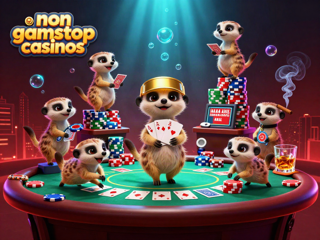 Meerkats operating a lively casino scene representing non gamstop casinos, showcasing vibrant poker activities.