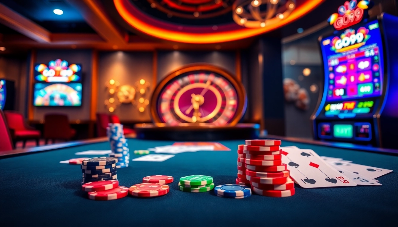 Action-packed Go99 online gambling scene with vibrant interfaces and casino elements.