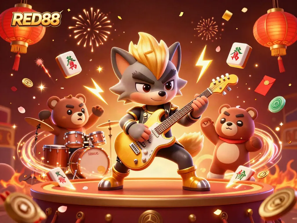 Join the excitement at RED88 casino with this vibrant 3D illustration of a rock star wolf and drummer bear.