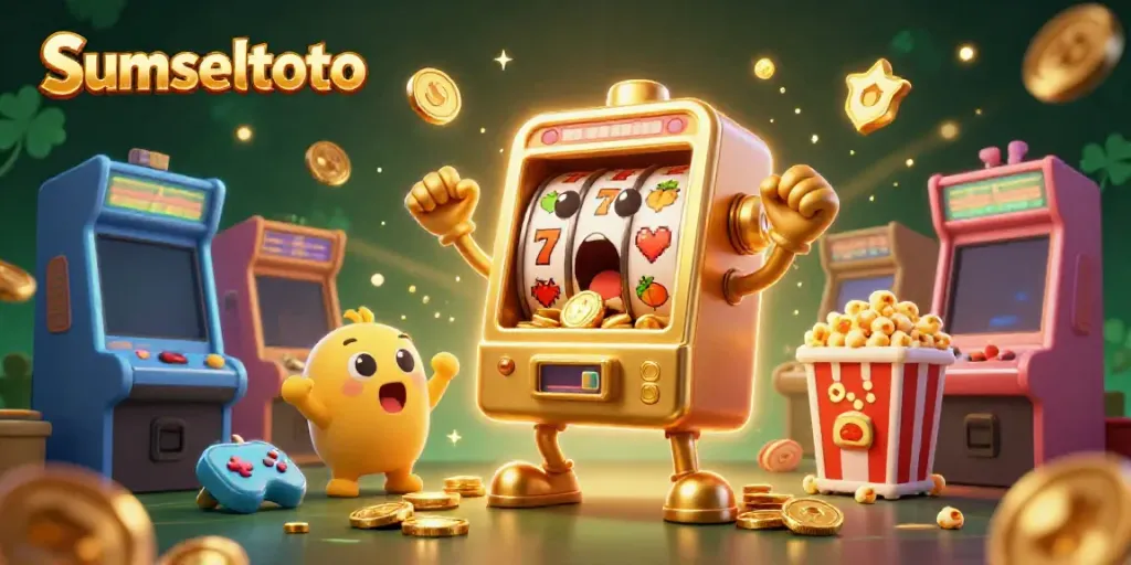 Experience the excitement of sumseltoto with a golden slot machine celebrating a jackpot amid vibrant game elements.