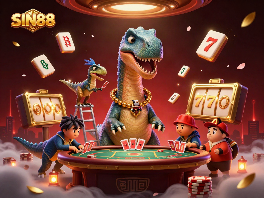 SIN88 offers thrilling gameplay as a giant brontosaurus overlooks a vibrant casino scene filled with slot reels and poker tables.