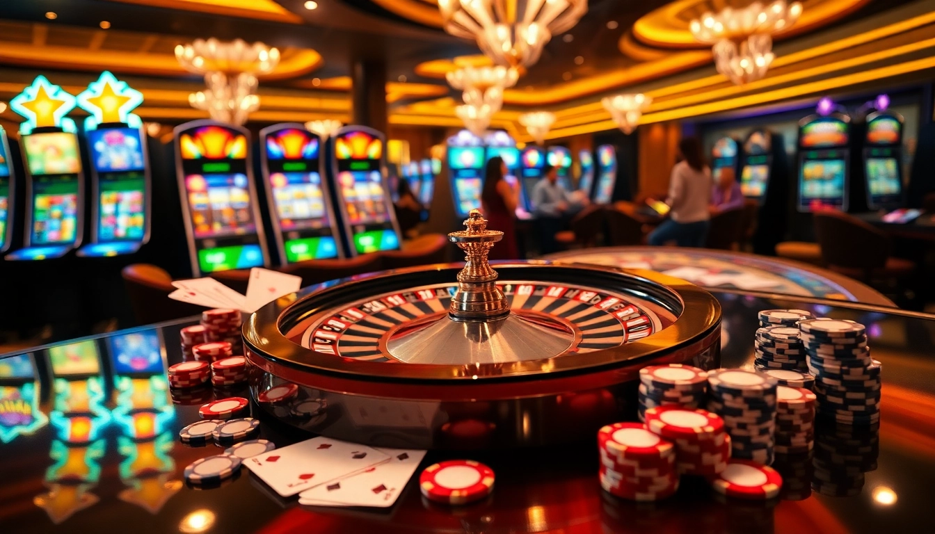 Players enjoying a thrilling roulette game at F168 casino, surrounded by vibrant cards and poker chips.