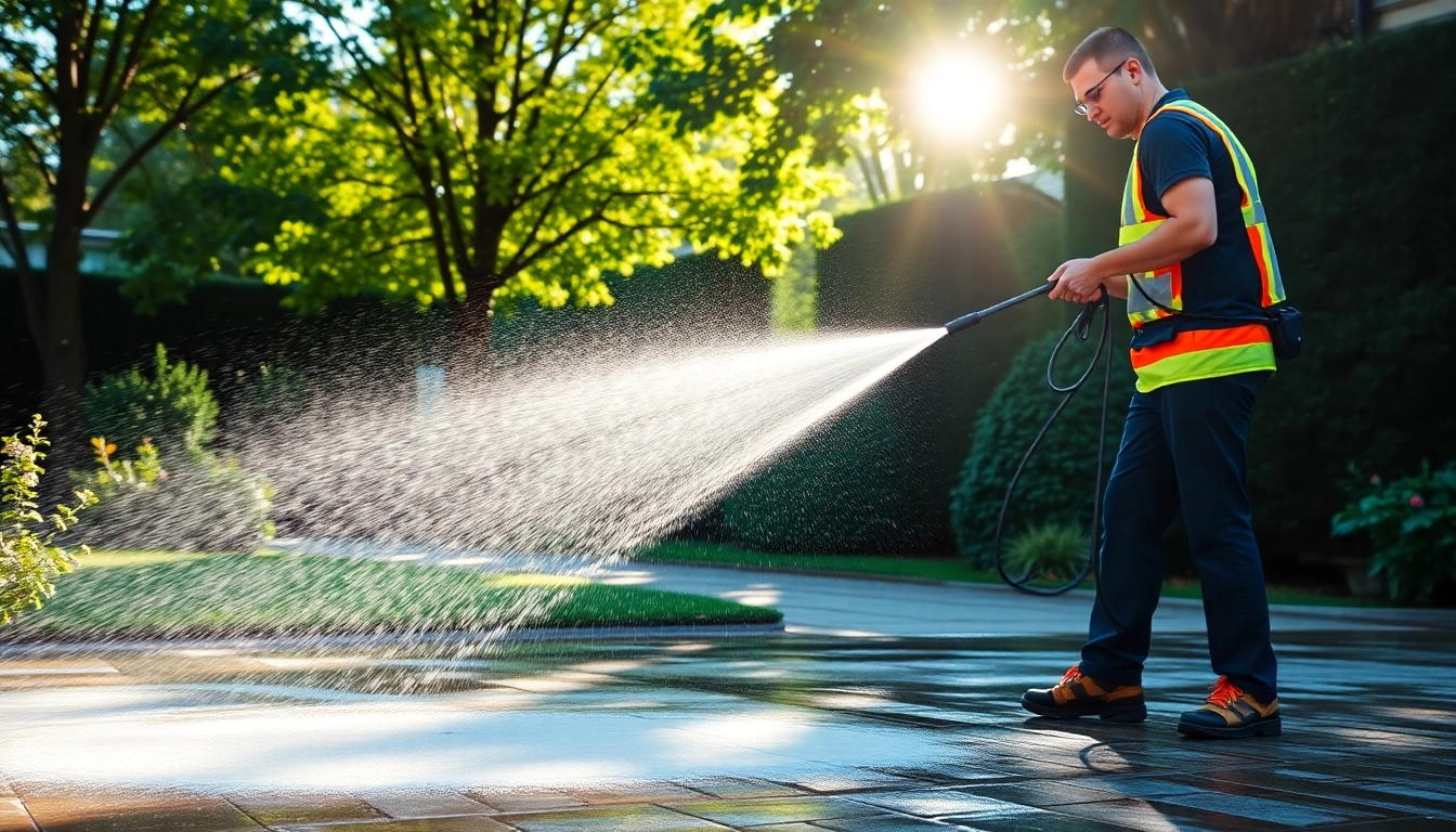Technician performing jet washing on a driveway, showcasing vibrant cleaning action.