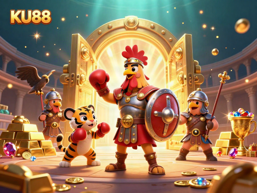 KU88 brings excitement to life with its vibrant casino-themed illustration showcasing thrilling gaming elements.