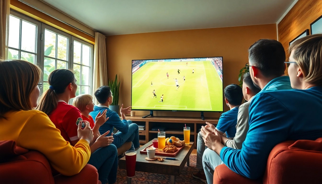 Excited soccer fans watching a match in a cozy room, capturing the essence of vaoluoitv.it.com.