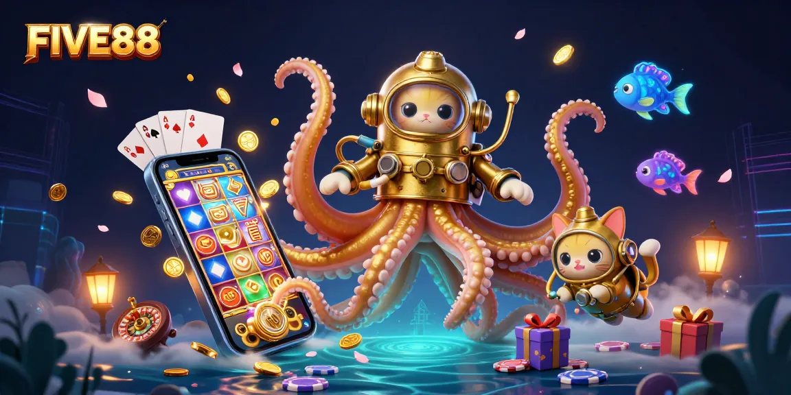 Experience the excitement at FIVE88 as a kraken emerges from treasure-filled waters, signaling big wins!
