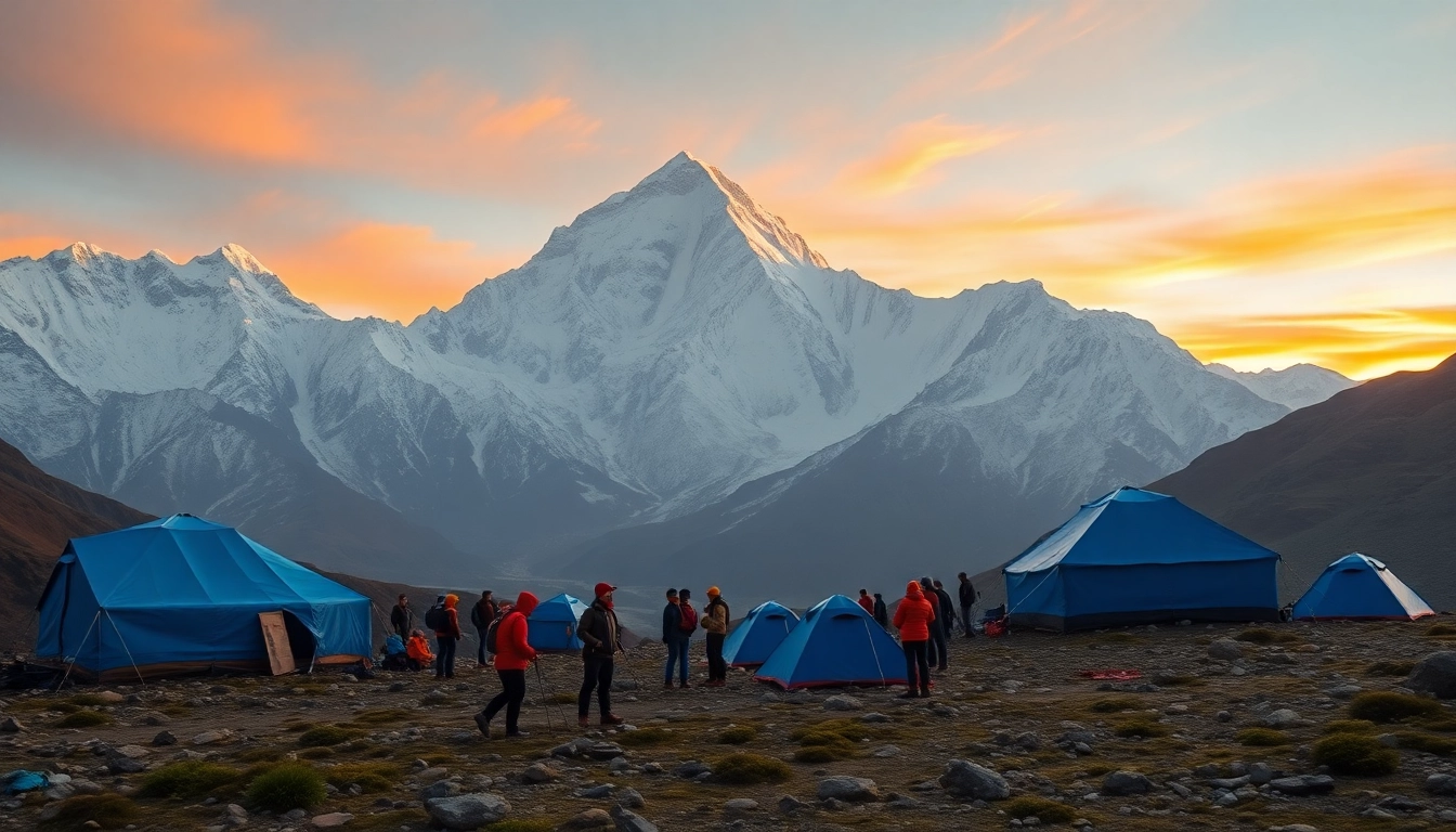 Stunning view of Everest Base Camp Trek with trekkers at sunrise, showcasing majestic Mt. Everest in the background.