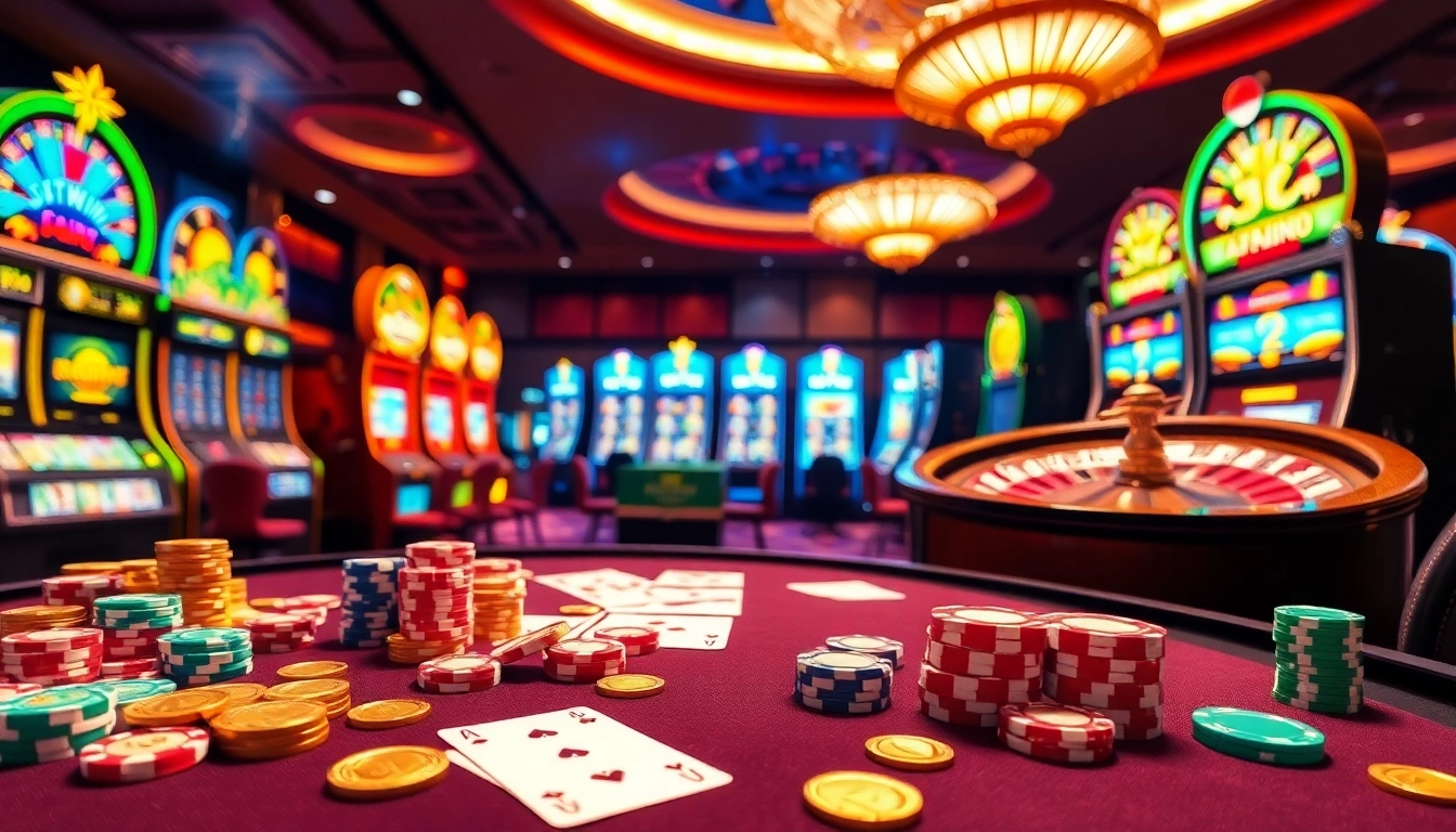 Experience the excitement of 13Win with vibrant casino tables, cards, and slot machines.