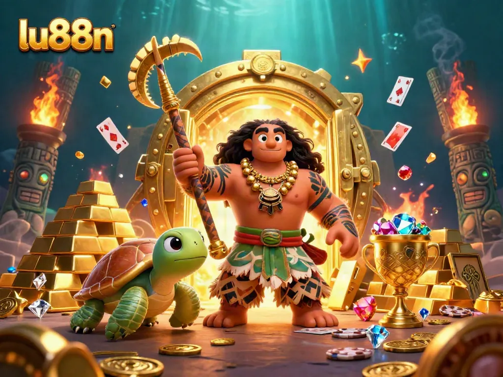 Engage with lu88n's vibrant casino world featuring gold treasures and playful characters.