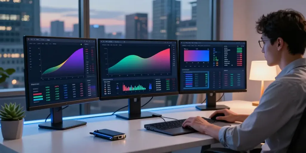 Durov2 Kick trading setup with cryptocurrency charts and security tools in a modern workspace.