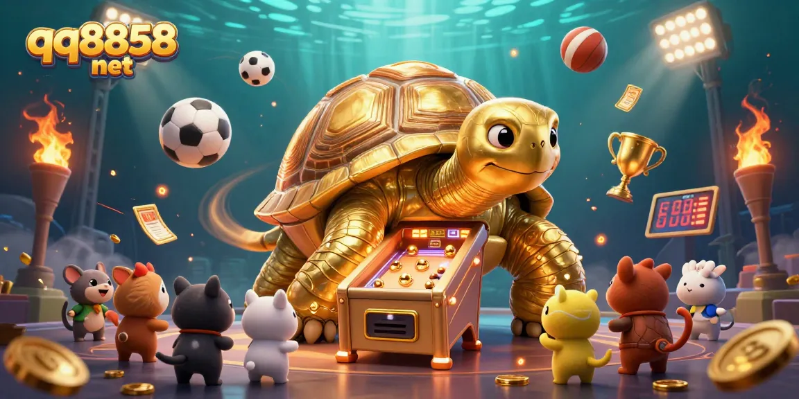 Experience thrilling games with qq8858 net's vibrant casino illustration showcasing a dynamic tortoise pinball.