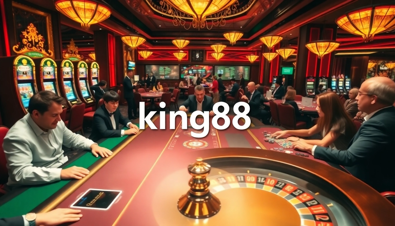 Experience high-stakes gaming excitement with king88 at a luxurious casino featuring vibrant slot machines and high-end poker tables.