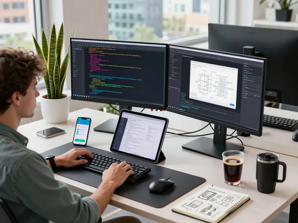 Developer coding in tech workspace emphasizing open claw AI software on dual monitors and laptop.