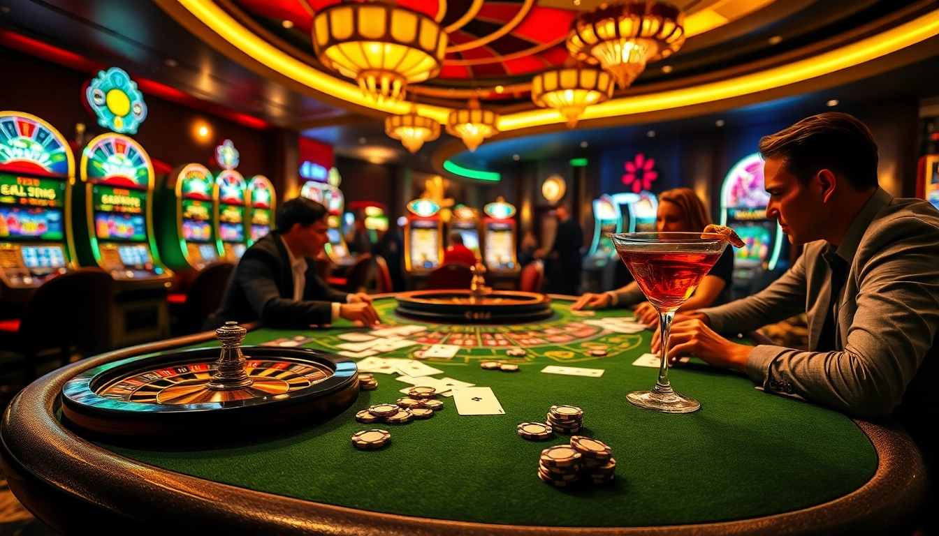 High-stakes poker scene highlighting 88i strategy amidst luxurious casino decor and vibrant slot machines.