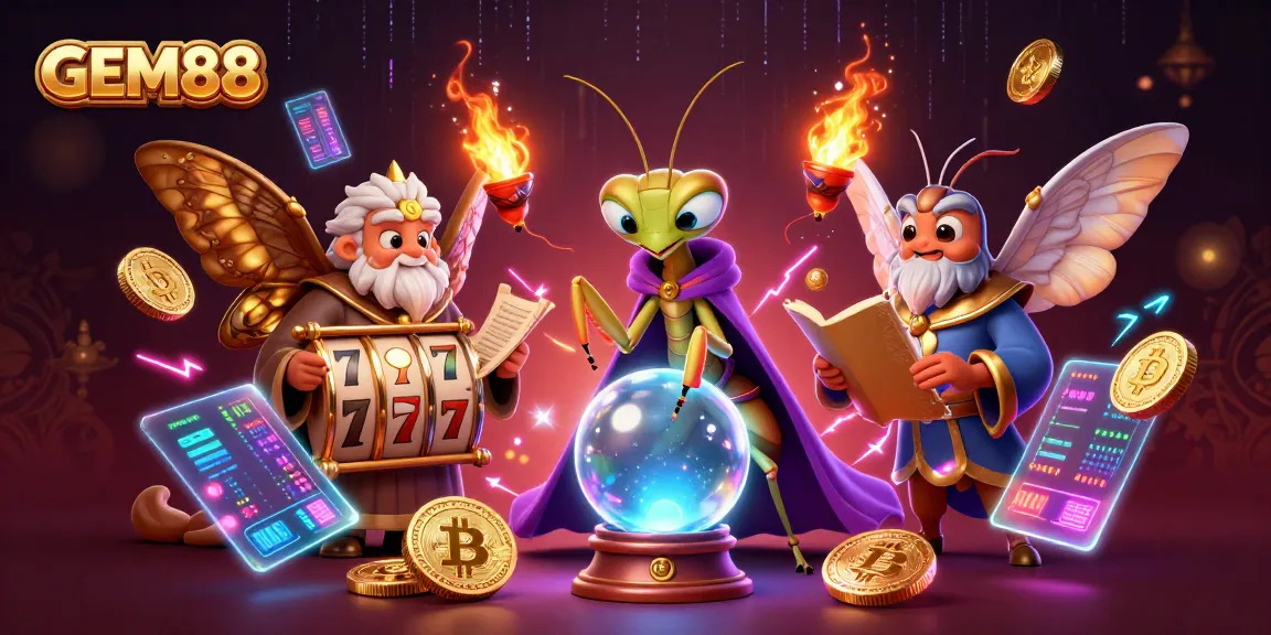 Experience GEM88 gaming with a vibrant 3D illustration showcasing slot reels, crypto coins, and enchanting characters.