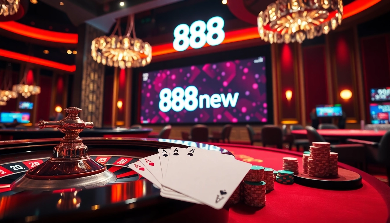 Experience the excitement of 888new with luxurious casino tables and vibrant poker chips.