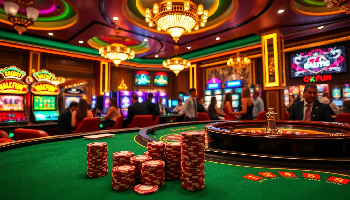 Experience the thrill of baccarat at okfun's lively casino with dealers and vibrant atmosphere.