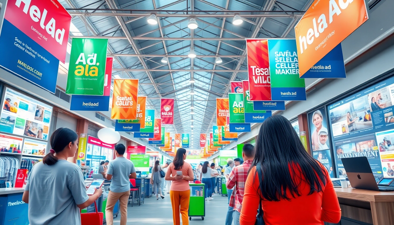 Hela Ad vibrant digital marketplace with colorful classified ads and engaging users.