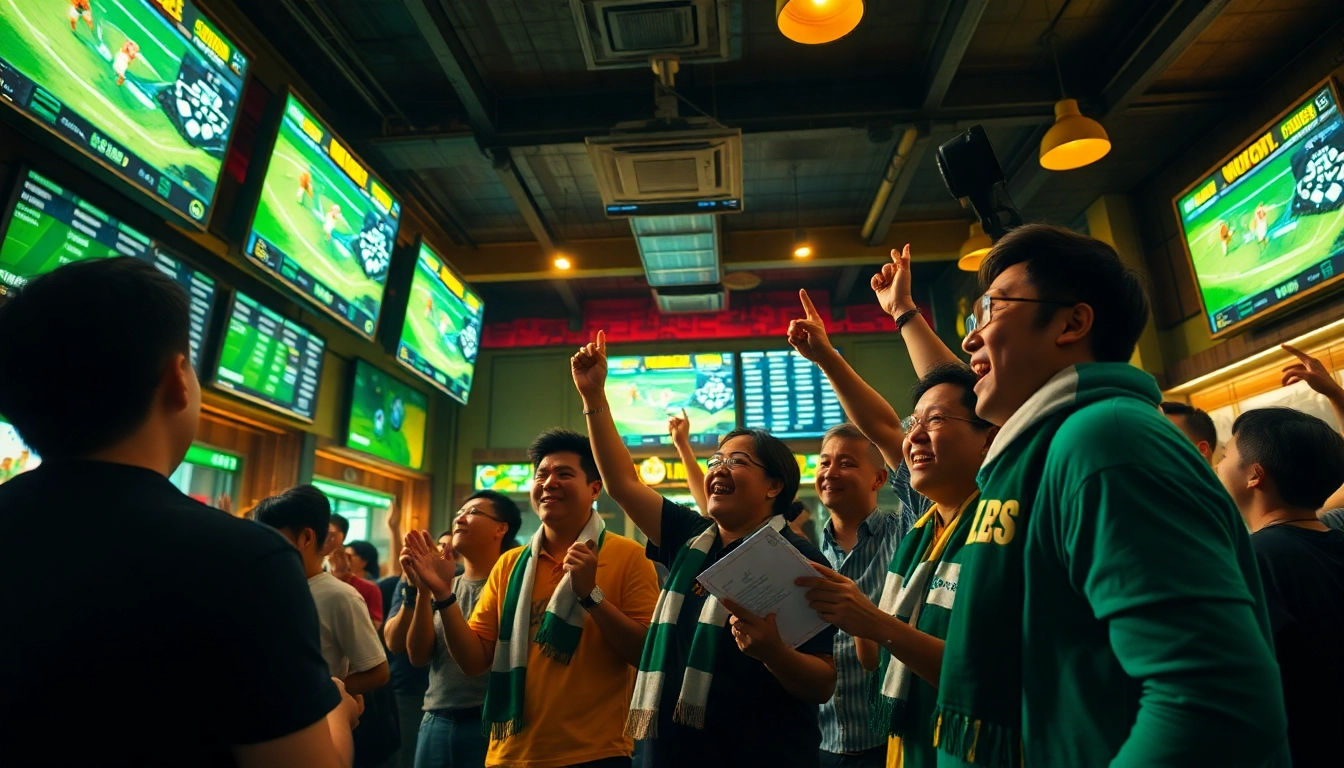 Kèo nhà cái displayed in a lively sports bar with fans cheering for their teams.