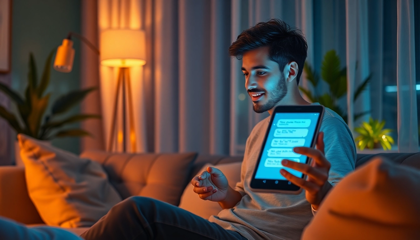 Engaging interaction in a cozy setting with ai sex chat chatbot, highlighting warm ambiance and digital connection.