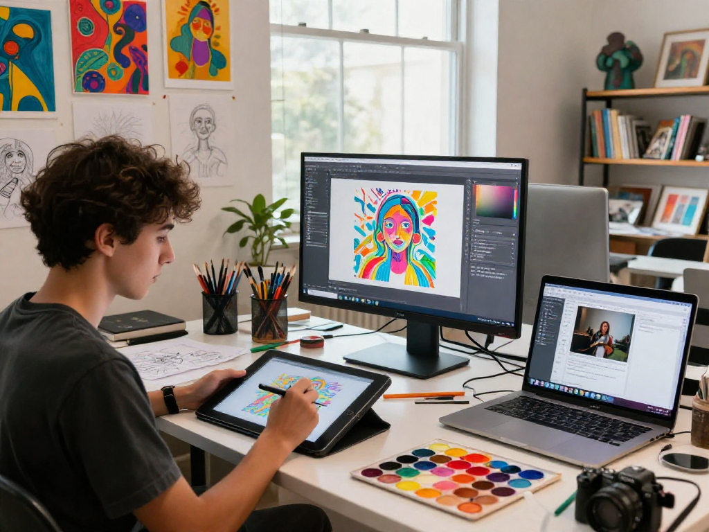 AI NSFW artist creating in a vibrant studio with digital tools and artwork.