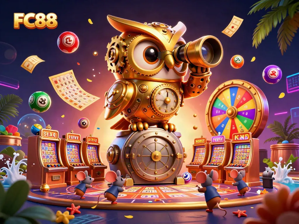 Experience the excitement of FC88 with a dynamic scene showcasing a golden owl amidst gaming elements.