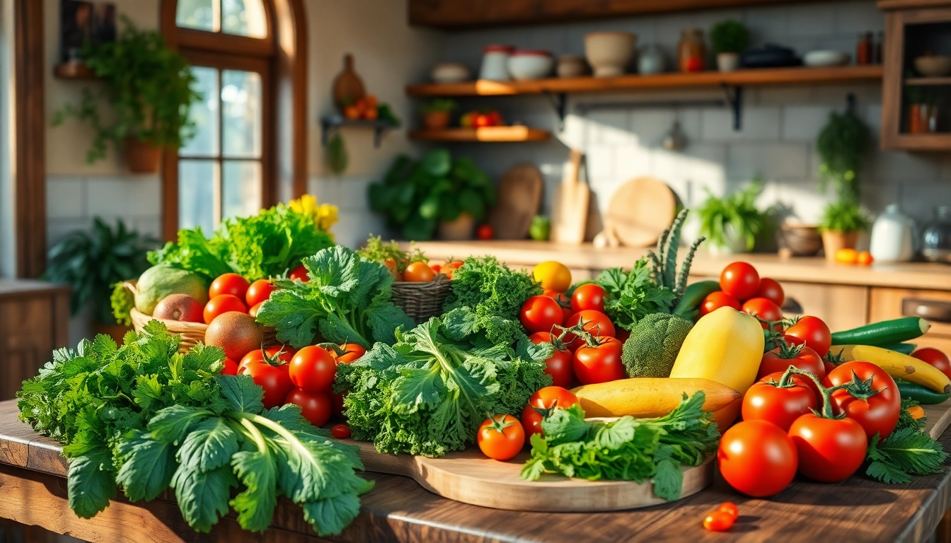 Fresh, colorful vegetables and fruits showcasing Healthy Food on a wooden kitchen table.