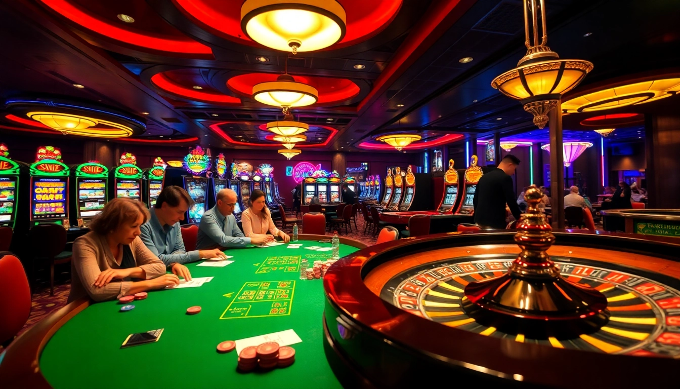 Experience the thrill of high-stakes gaming at https://rr888.video/ with players engaged at a vibrant blackjack table amidst colorful slot machines.