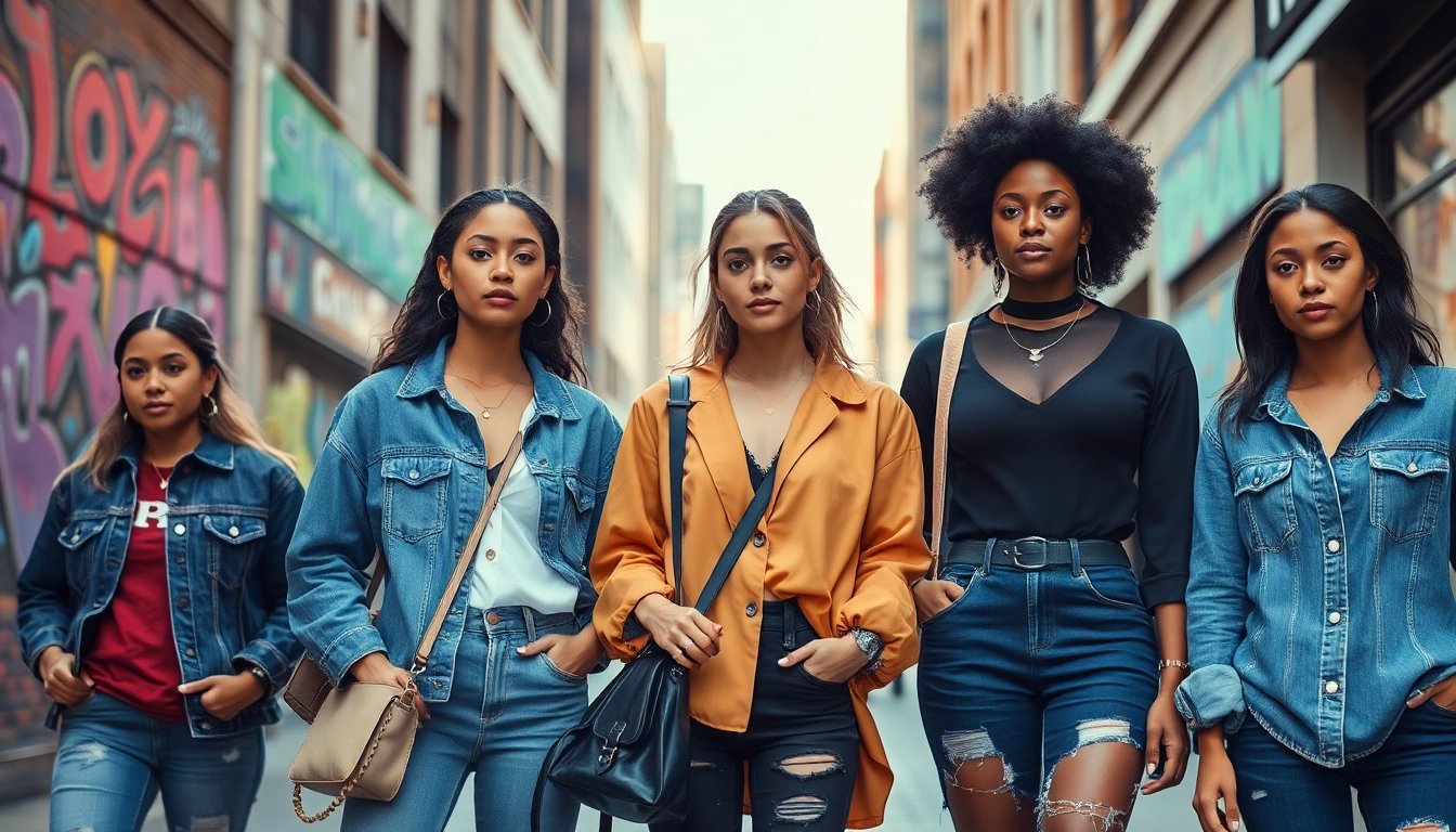 Women Fashion scene with diverse models showcasing urban styles and vibrant street art backdrop.