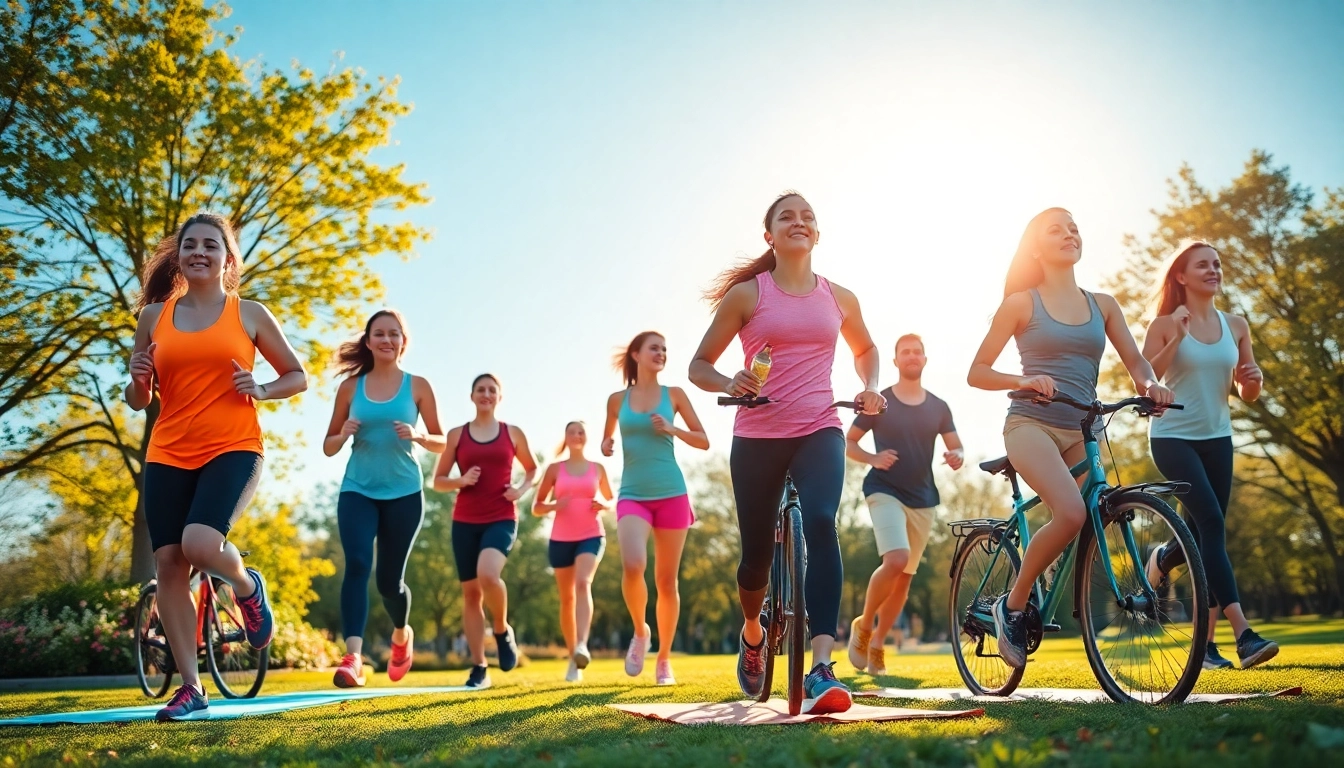 Active individuals engaging in weight loss exercises in a sunny park.