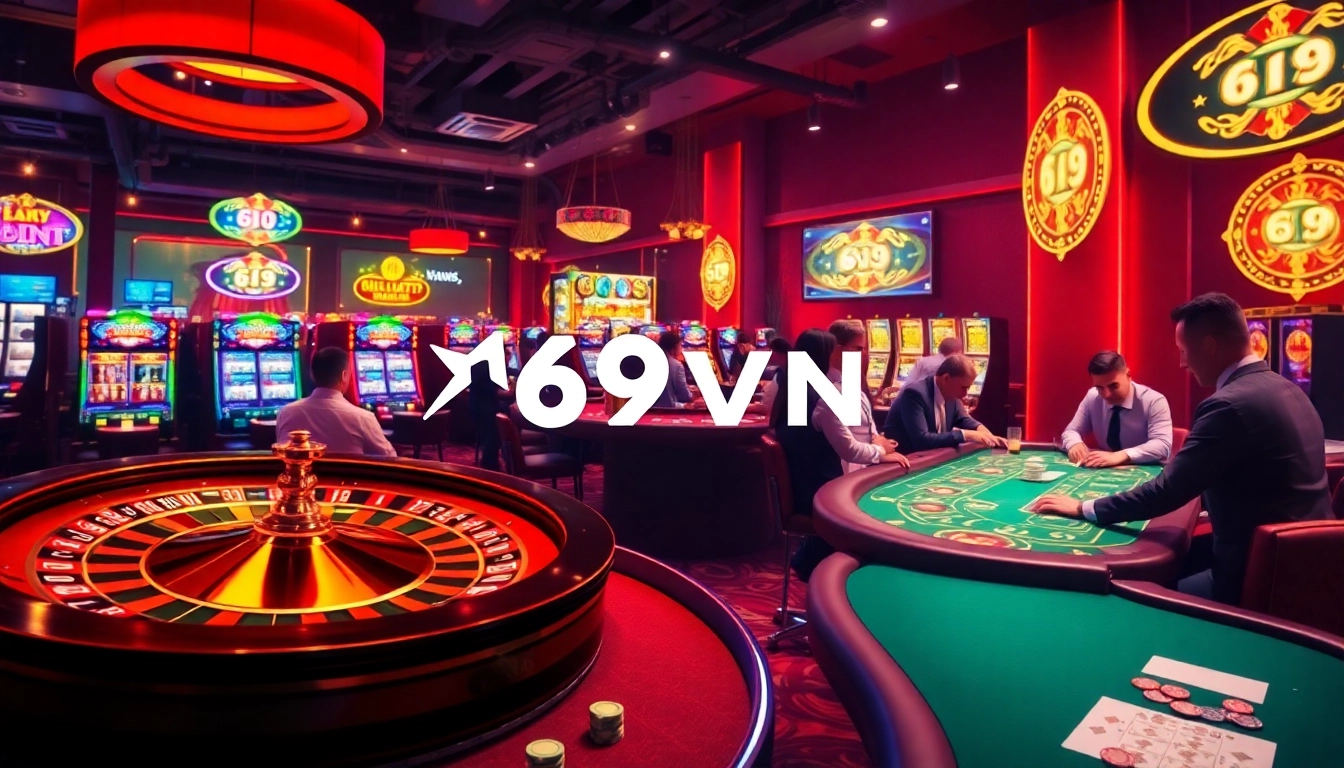 Exciting gambling scene featuring the 69VN logo with players at roulette and poker tables.