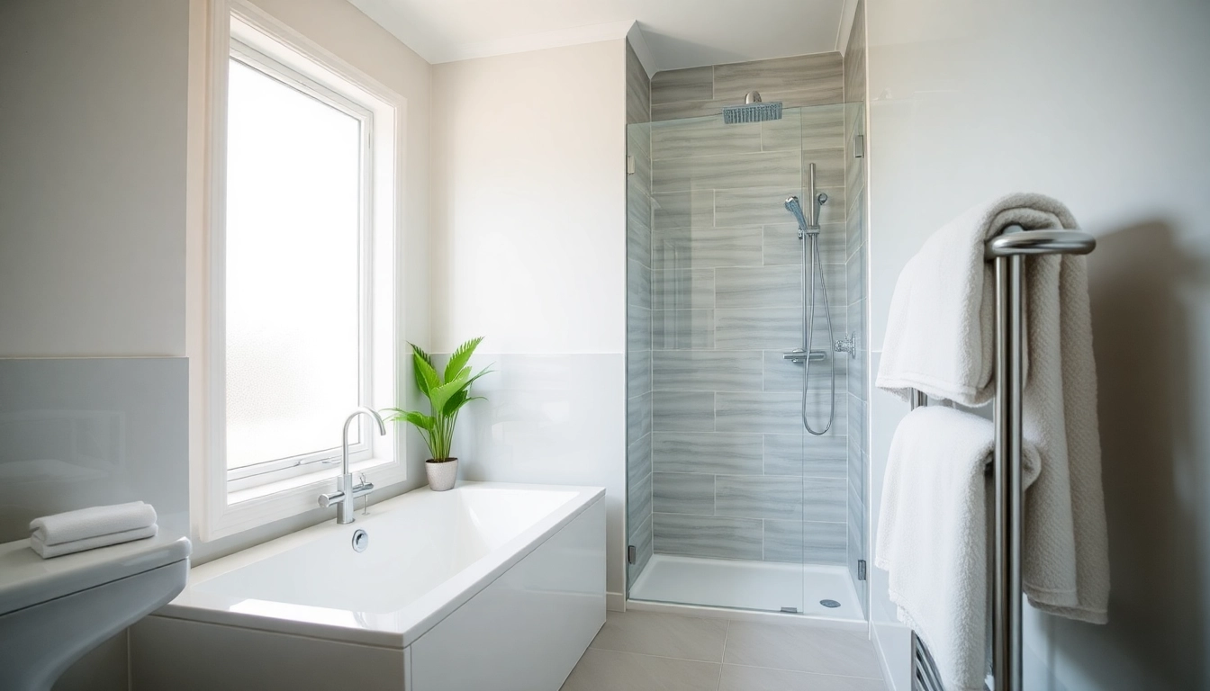 Professional bathroom fitters creating a modern, serene bathroom oasis with stylish fixtures and natural light.
