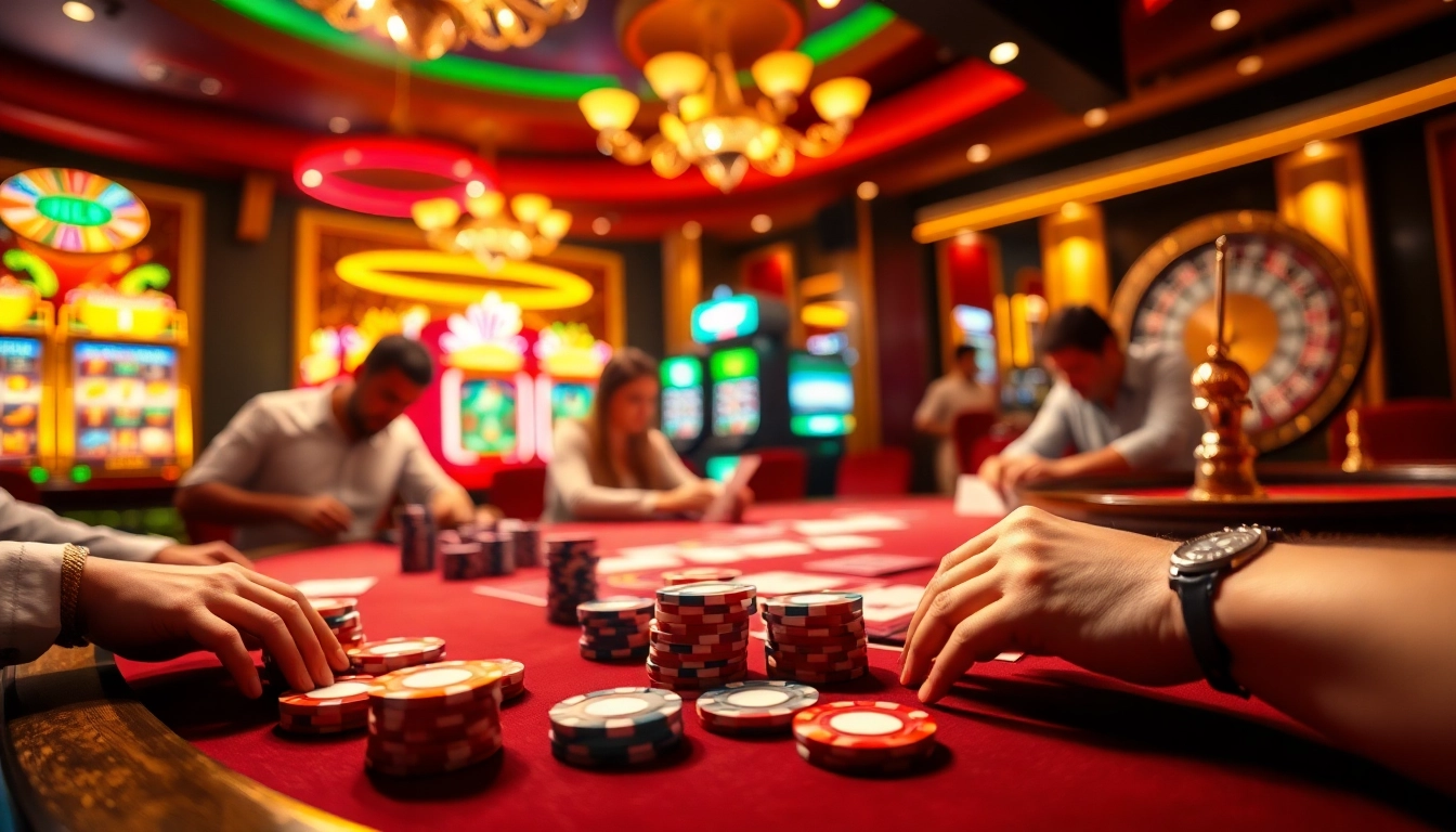 Experience the thrill of Top nhà cái uy tín at a poker table, showcasing vibrant chips and card play in an electrifying casino atmosphere.
