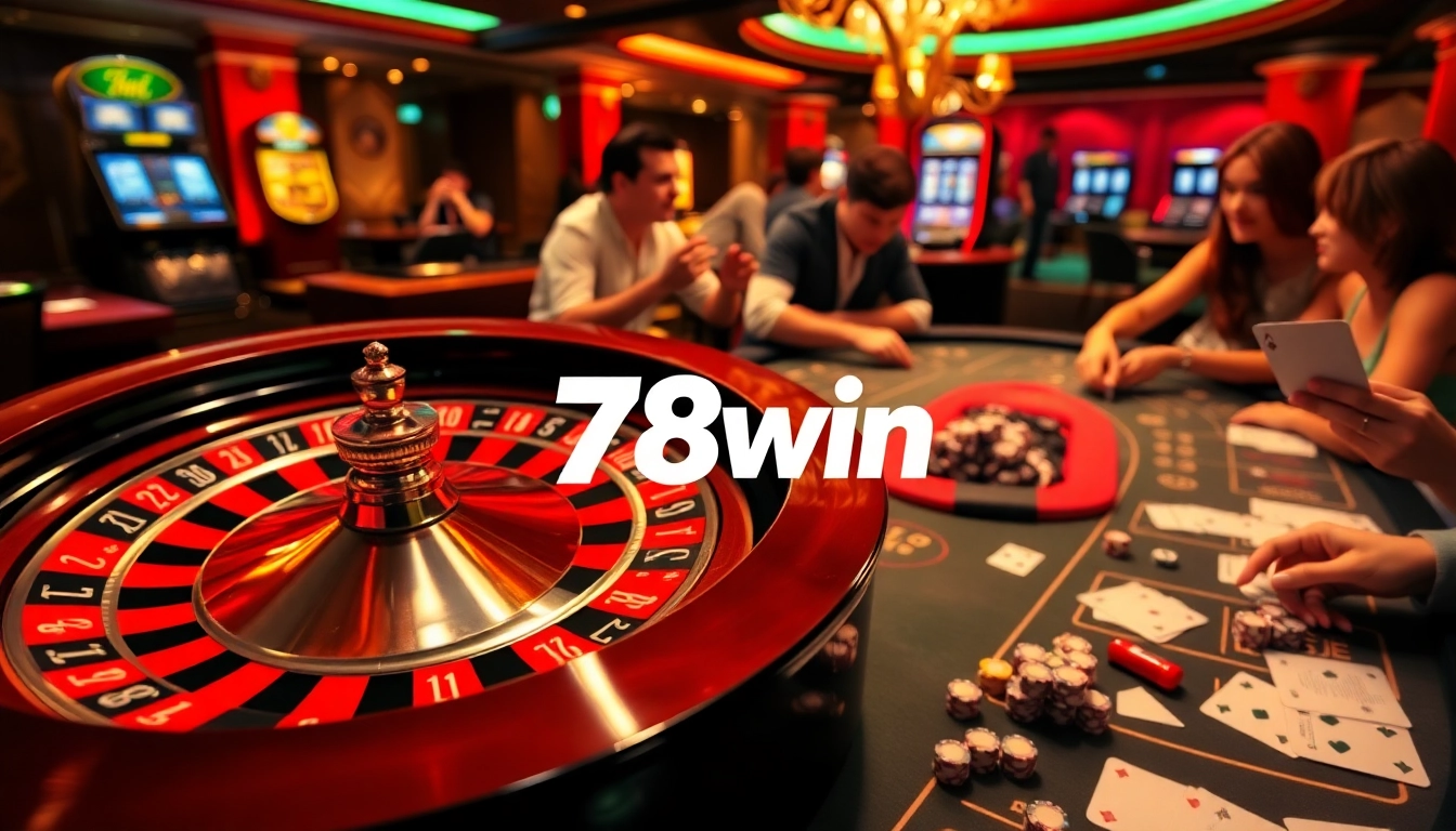 Experience the thrilling excitement of casino gaming at 78win with players enjoying blackjack, roulette, and slot machines.