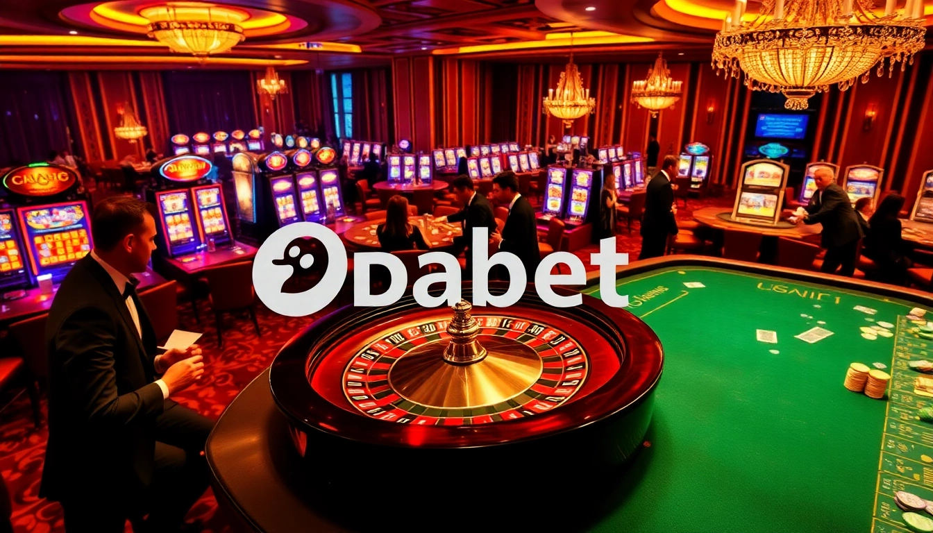 Dabet casino scene featuring players at roulette and slot machines, showcasing excitement and gaming action.