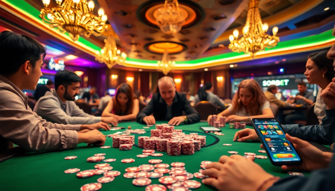 SboBet's exhilarating poker game scene at a plush casino table, featuring vibrant chips and engaged players.