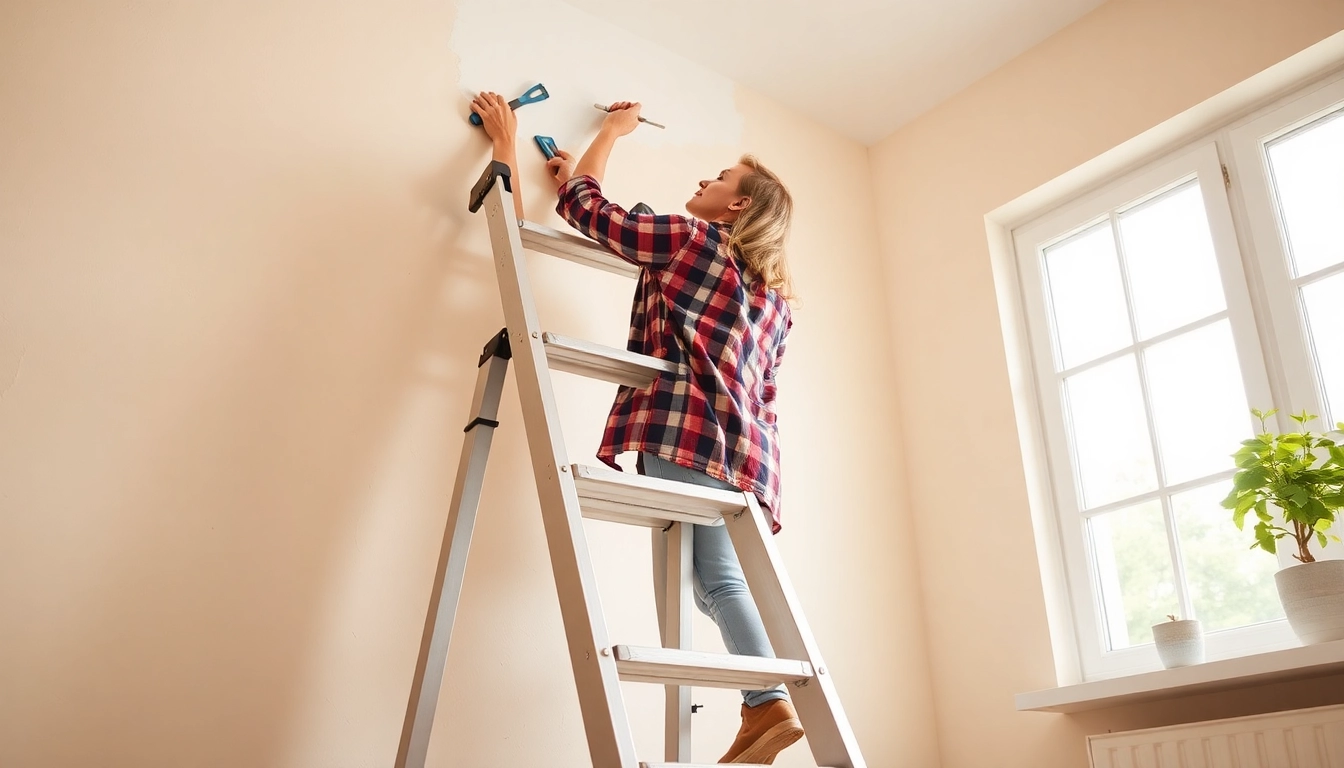 A homeowner using step ladders to paint a wall, showcasing its sturdy design and safety features.