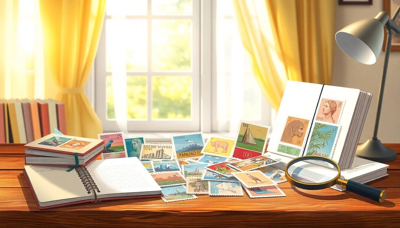 Explore affordable postage stamps showcasing vibrant designs on a wooden desk with natural light.