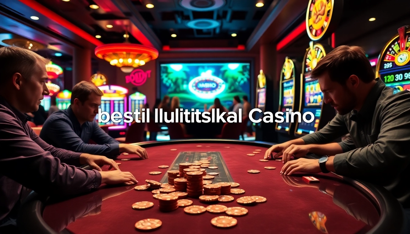 Stunning scene at bästa utländska Casino with players at a poker table and roulette wheel.