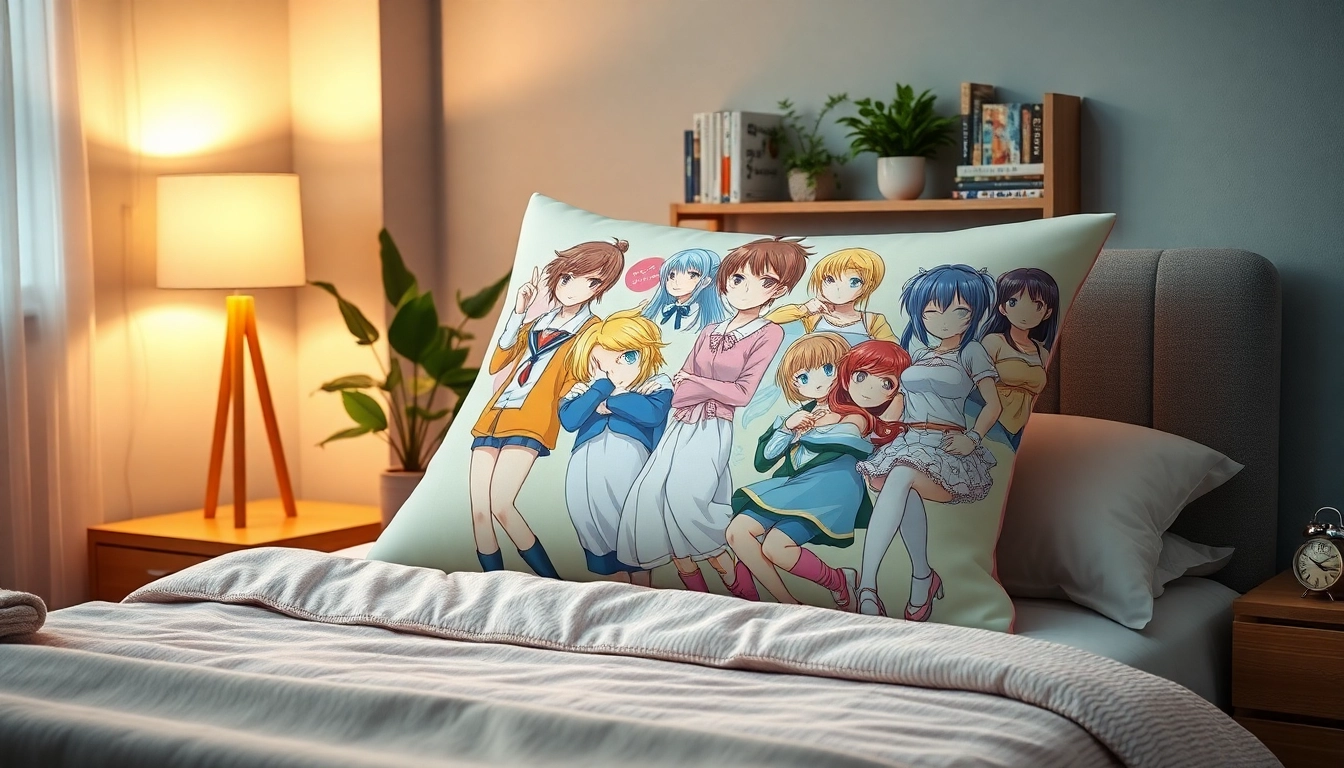 Cuddle up with a vibrant dakimakura pillow showcasing your favorite anime characters in a cozy bedroom setting.