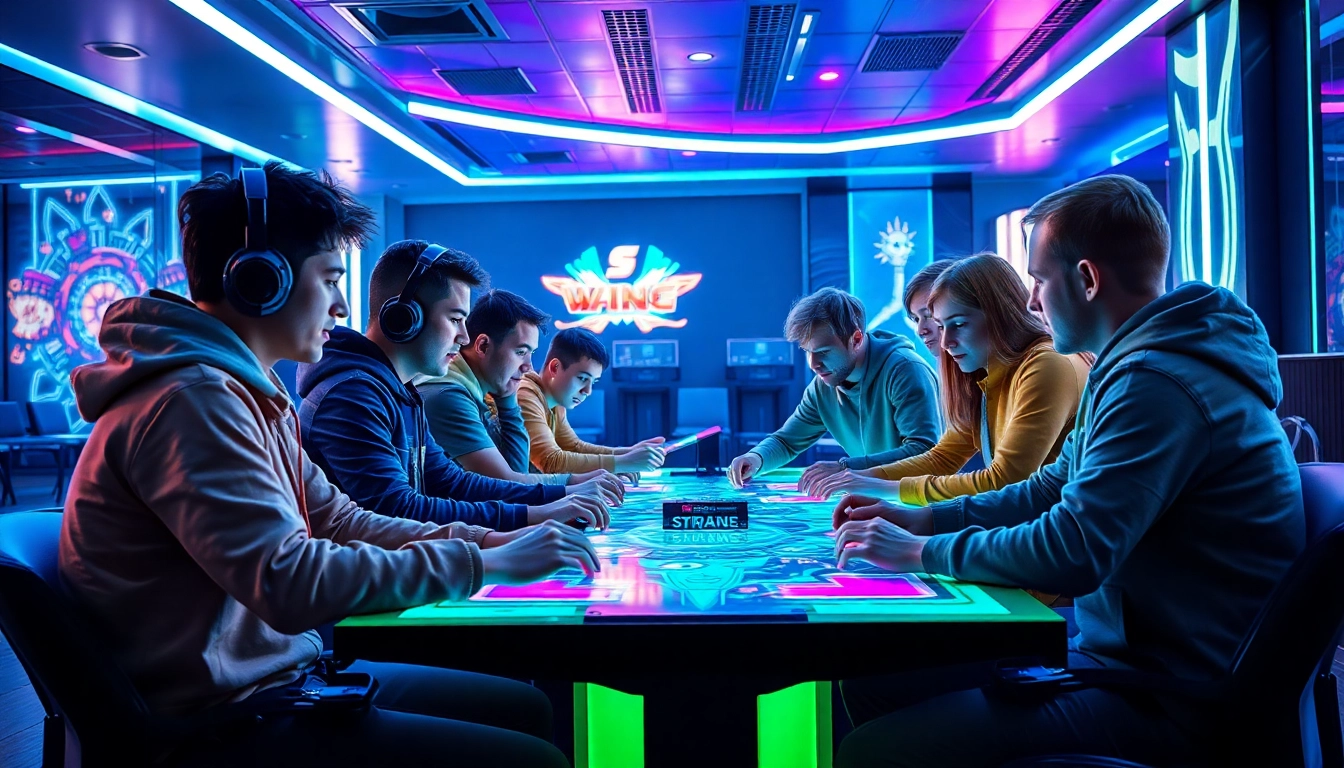 Engaged players at a futuristic gaming table representing a leading uk gaming company.