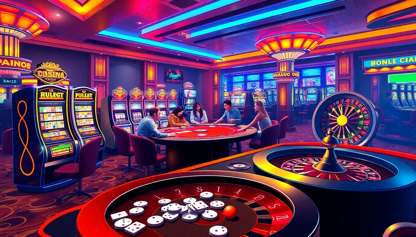 Vibrant gambling scene showcasing KJC AC 1's poker table with players, roulette wheel, and colorful slot machines.