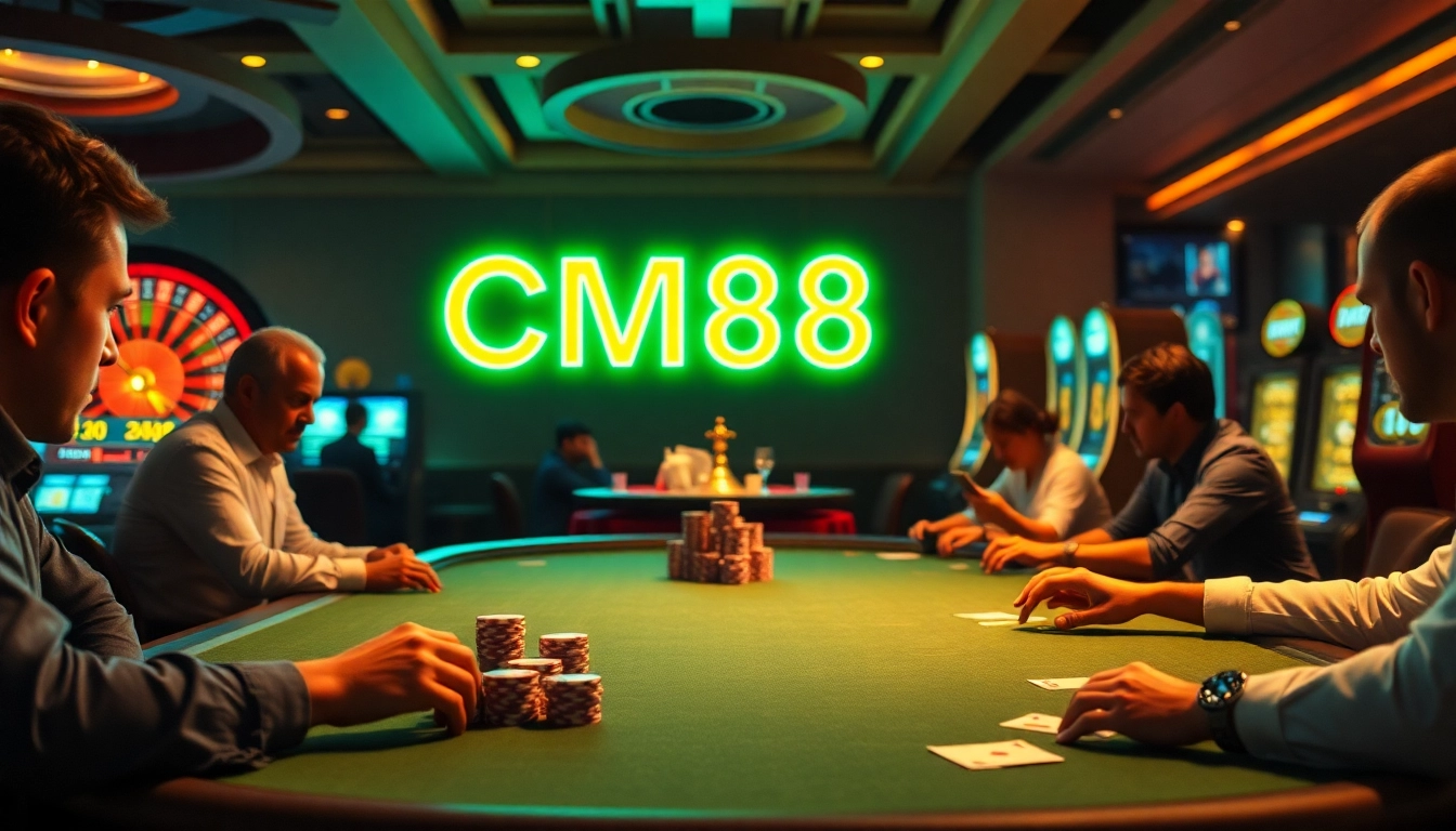 Experience the thrill of poker at CM88 Casino, with players, chips, and cards in action.