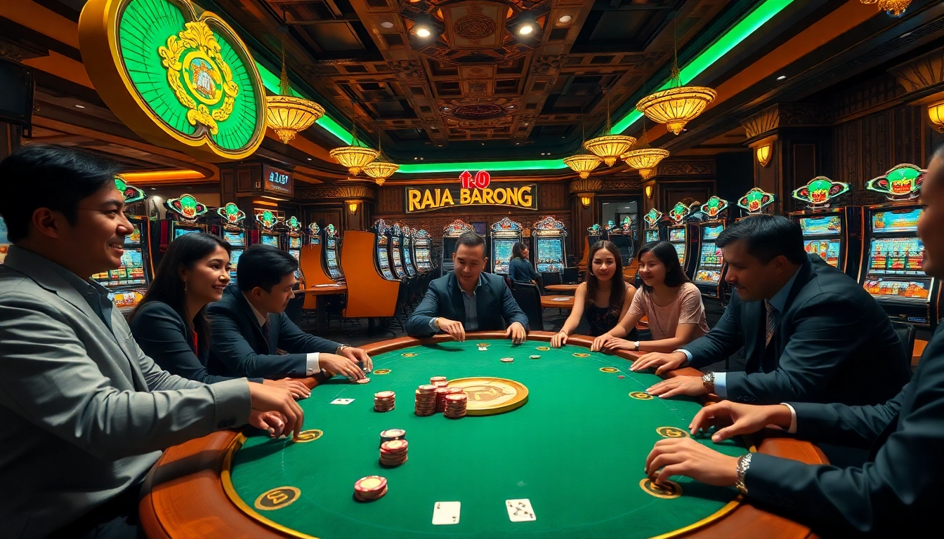 Win big at Raja Barong's casino with players enjoying poker and vibrant slot machines.